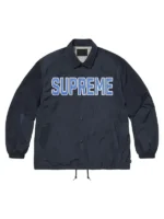 Supreme Spellout Coaches Jacket blue front view showing clean design and sharp jacket fit