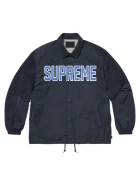 Supreme Spellout Coaches Jacket blue front view showing clean design and sharp jacket fit