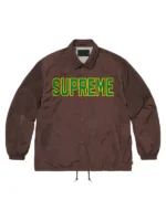 Supreme Spellout Coaches Jacket brown front view showing clean front design and sharp fit