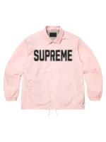 Supreme Spellout Coaches Jacket pink front view showing clean front design and sharp fit