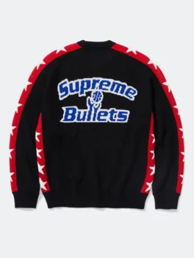 Supreme x Mitchell And Ness Team Sweater back view showing rear graphics, sleeve shape, and relaxed fit