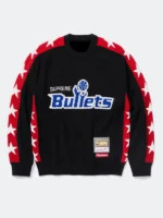 Supreme x Mitchell And Ness Team Sweater front view showing team graphic, collar, and clean sweater fit