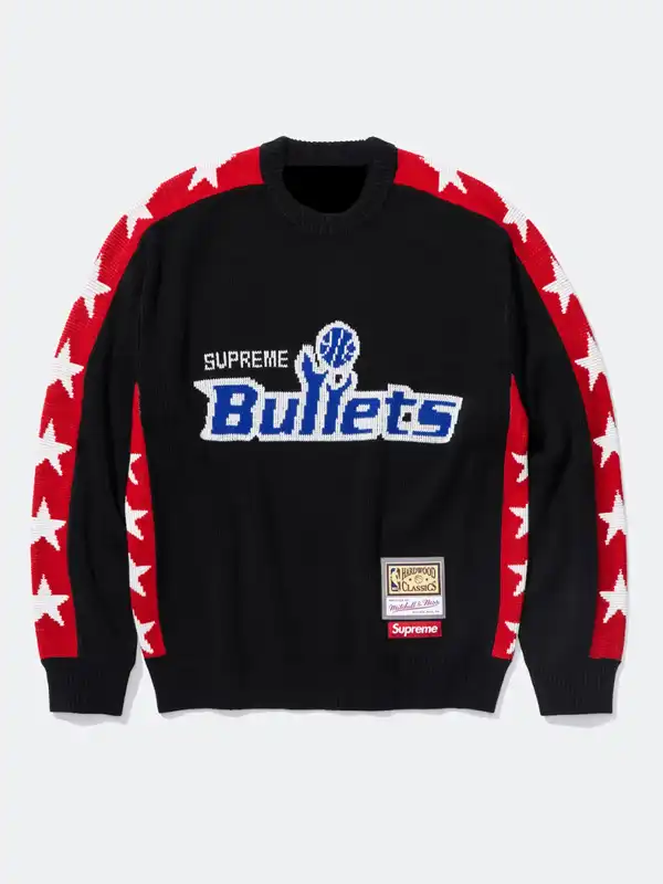 Supreme x Mitchell And Ness Team Sweater Front View Supreme x Mitchell And Ness Team Sweater front view showing team graphic, collar, and clean sweater fit
