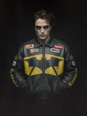 Supreme x The Batman Leather Jacket front view showing full silhouette and clean leather finish