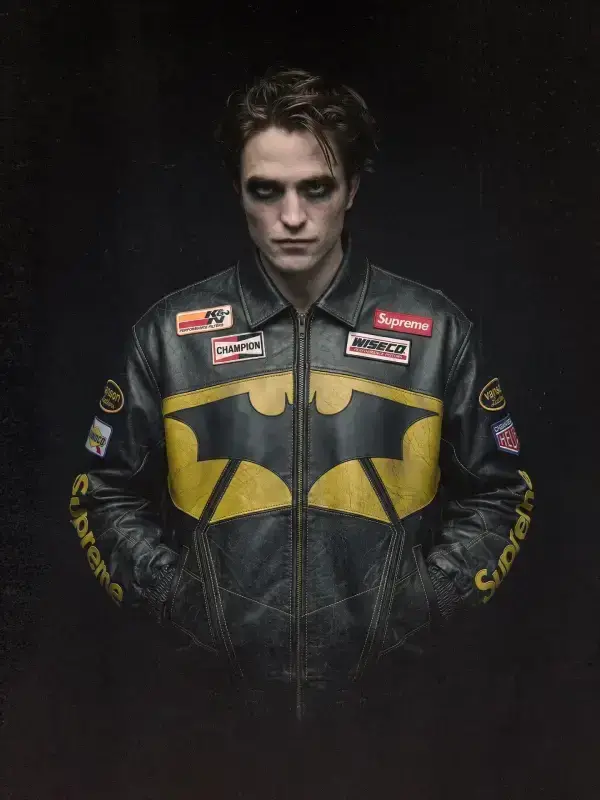 Supreme x The Batman Leather Jacket Front View Supreme x The Batman Leather Jacket front view showing full silhouette and clean leather finish