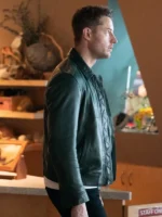 Tracker S03 Justin Hartley Green Leather Jacket side view
