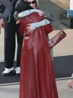 The Devil Wears Prada 2 Red Leather Coat back view showing rear coat shape, sleeves, and red leather finish