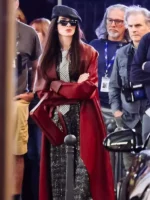 The Devil Wears Prada 2 Red Leather Coat front view showing red leather texture, collar, and coat fit
