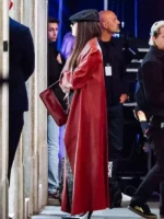 The Devil Wears Prada 2 Red Leather Coat side view showing red leather finish, sleeve shape, and coat profile