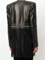 The Voice Reba McEntire Black Fringed Leather Jacket back view showing rear fringe details and leather fit