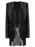 The Voice Reba McEntire Black Fringed Leather Jacket design view showing fringe work and leather texture