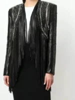 The Voice Reba McEntire Black Fringed Leather Jacket view look showing black leather texture and fringe details