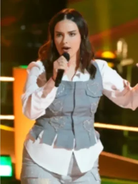 The Voice S026 Kamila Kiehne Denim Vest front view showing clean design and sharp fit