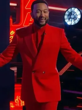 The Voice S27 John Legends Red Suit close-up showing red fabric texture, lapel shape, and stitching details