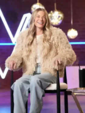 The Voice S27 LeAnn Rimes Beige Fur Jacket front view with beige fur texture and open front design