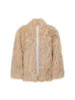 The Voice S27 LeAnn Rimes Beige Fur Jacket full view showing soft beige fur texture and relaxed fit