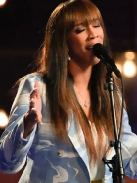 The Voice S27 Nell Simmons Marble Print Blazer front view showing clean fit and print detail