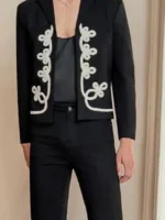 The Voice S28 Elliot Hunt Black Embroidery Jacket closure view showing fastening and front detail