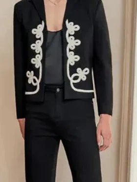 The Voice S28 Elliot Hunt Black Embroidery Jacket closure view showing fastening and front detail