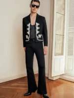 The Voice S28 Elliot Hunt Black Embroidery Jacket front view showing clean design and embroidery