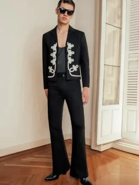 The Voice S28 Elliot Hunt Black Embroidery Jacket front view showing clean design and embroidery