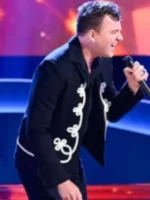 The Voice S28 Elliot Hunt Black Embroidery Jacket side view showing profile fit and embroidery detail