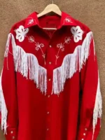 The Voice S28 Finale Reba McEntire Fringe Shirt close-up view showing texture and fringe details
