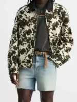 The Voice S28 Max Cooper III Cow Print Jacket closure view showing front fastening and cow print detail