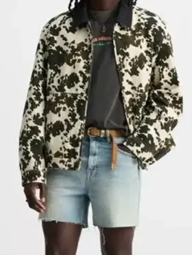The Voice S28 Max Cooper III Cow Print Jacket closure view showing front fastening and cow print detail