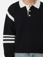 The Voice S28 Max Cooper Striped Polo Sweater close-up view showing texture and stitching