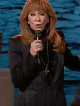 The Voice S28 Reba Mcentire Fringe Blazer front view showing fringe accents, lapel shape, and clean fit