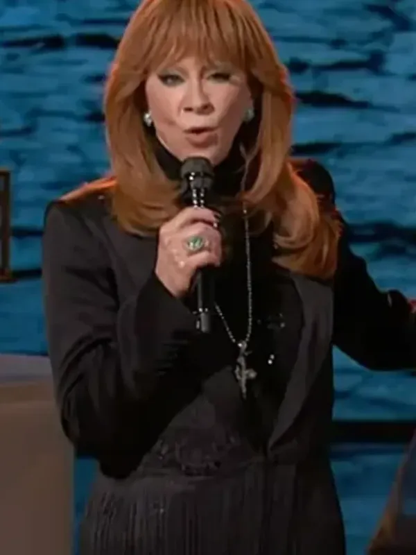 The Voice S28 Reba Mcentire Fringe Blazer front view showing fringe accents, lapel shape, and clean fit