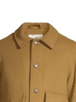 The Voice S28 Revel Day Brown Wool Jacket close-up showing wool texture, stitching, and front detailing