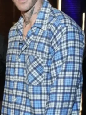 The Voice S29 Adam Levine Blue Plaid Shirt close-up showing texture, stitching, and plaid detail