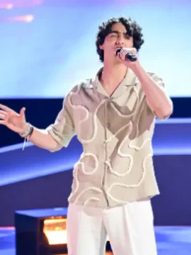 The Voice S29 Aziz Guerra Beige Wiggle Shirt front view showing clean design and sharp fit