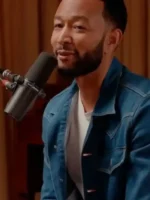 The Voice S29 John Legend Denim Jacket front view showing collar, closure, pockets, and denim design