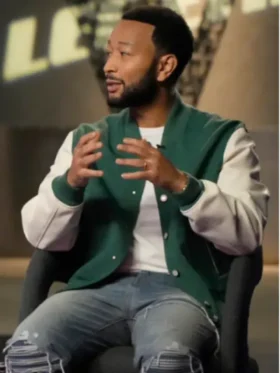 The Voice S29 John Legend Green Varsity Jacket front view showing collar, closure, pockets, and varsity design