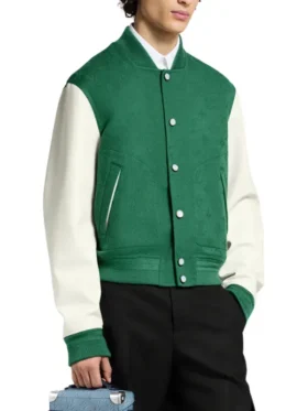 The Voice S29 John Legend Green Varsity Jacket side view showing sleeve shape, collar, and green jacket profile