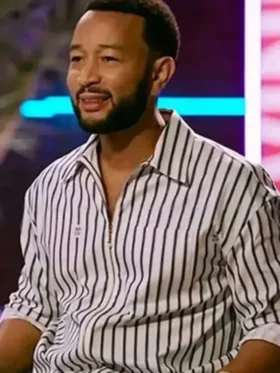 The Voice S29 John Legend Striped Zip-Up Shirt front view showing clean design and sharp fit