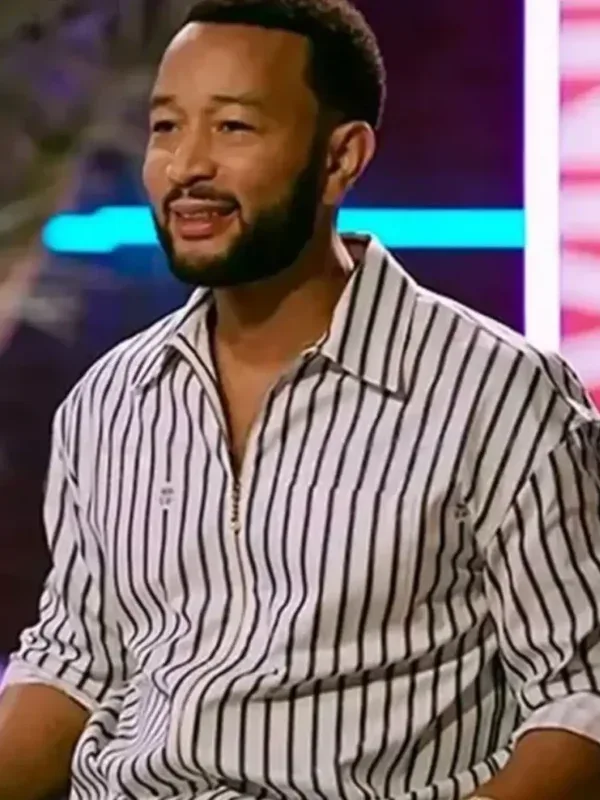 The Voice S29 John Legend Striped Zip-Up Shirt Front View The Voice S29 John Legend Striped Zip-Up Shirt front view showing clean design and sharp fit