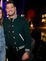 The Voice S29 Michael Bublé Varsity Jacket front view showing collar, closure, pockets, and varsity design