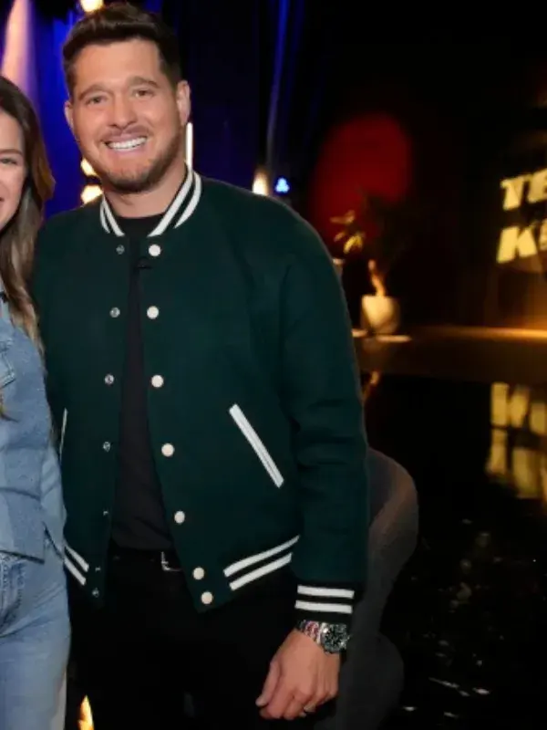 The Voice S29 Michael Bublé Varsity Jacket front view showing collar, closure, pockets, and varsity design