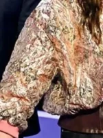 The Voice S29 Mikenley Brown Bomber Jacket close view showing fabric texture, stitching, and front details