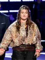 The Voice S29 Mikenley Brown Bomber Jacket front view showing collar, closure, pockets, and bomber design