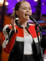 The Voice S29 Syd Millevoi Leather Biker Jacket closure view showing front fastening and stitching details
