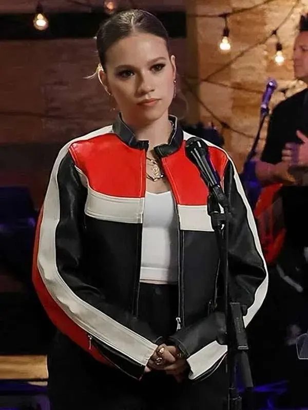 The Voice S29 Syd Millevoi Leather Biker Jacket front view showing collar, closure, and biker design