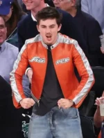 Timothée Chalamet Knicks 2026 Playoffs Avirex Leather Jacket closure look showing fastening and leather details