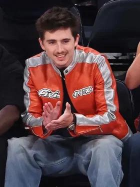 Timothée Chalamet Knicks 2026 Playoffs Avirex Leather Jacket front view showing collar, closure, and leather design