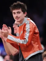 Timothée Chalamet Knicks 2026 Playoffs Avirex Leather Jacket side view showing sleeve shape and leather finish