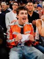 Timothée Chalamet Knicks 2026 Playoffs Avirex Leather Jacket view showing leather texture and sporty styling